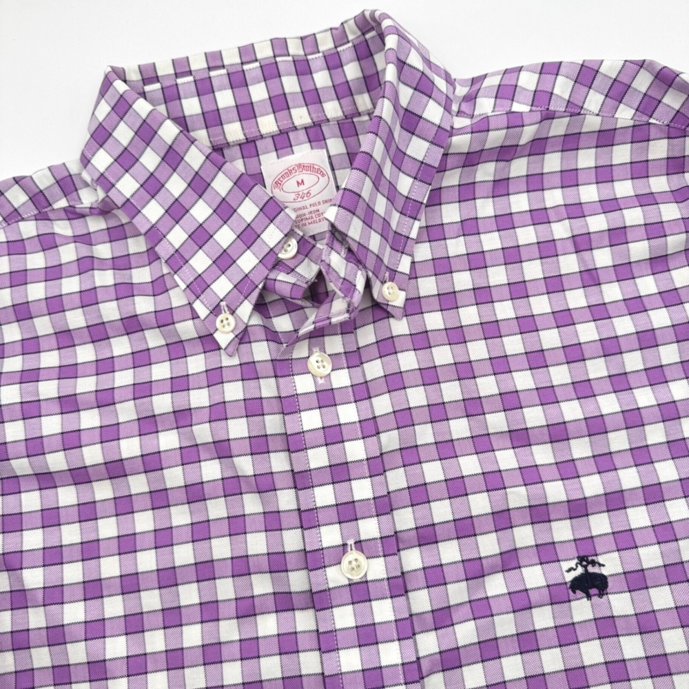 Brooks Brothers Shirt Medium Purple Gingham Non-Iron Supima Cotton Long Sleeve